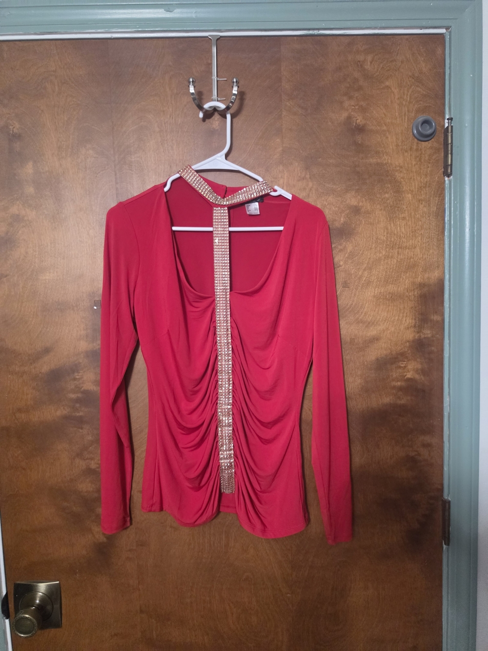 VENUS Hot Pink Long Sleeve Draped Top with Rhinestone T-Strap NWOT
